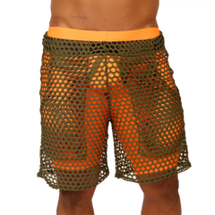 Olive green mesh shorts with bright orange waistband and matching inner lining from gigo fresh orange short collection