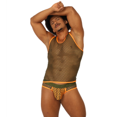 A man wearing a gigo fresh orange tank mesh tank top with orange trim and matching patterned briefs