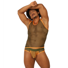 A man wearing a gigo fresh orange tank mesh tank top with orange trim and matching patterned briefs