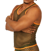 Gigo Fresh Orange Tank olive green mesh tank top with bright orange trim for breathable active wear