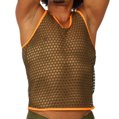 Gigo fresh orange tank olive green mesh tank top with bright orange trim for breathable activewear