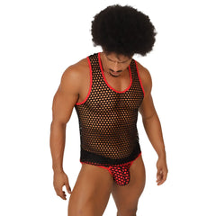 Black mesh tank top with red trim and matching black lace briefs from gigo fresh red tank set