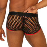 Black mesh briefs with red trim and a black elastic waistband from Gigo Fresh Red Trunk collection