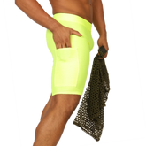 Bright neon yellow gigo fresh athletic shorts with a visible side pocket designed for active wear