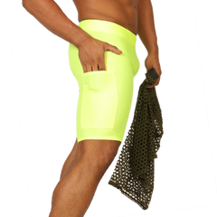 Bright neon yellow gigo fresh athletic shorts with a visible side pocket designed for active wear