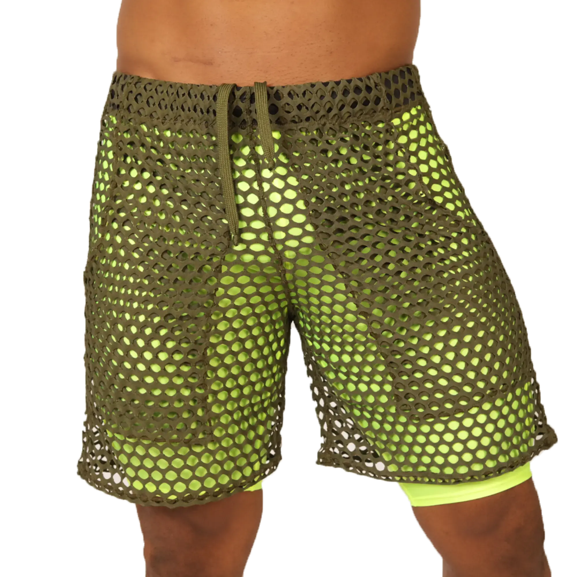 Gigo fresh yellow short olive green mesh shorts with neon yellow inner lining and matching drawstring waistband