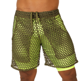 Gigo fresh yellow short olive green mesh shorts with neon yellow inner lining and matching drawstring waistband
