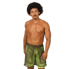 Gigo fresh yellow short vibrant neon green mesh swim trunks with olive green base and drawstring waistband