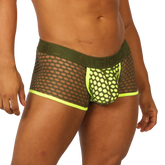 Olive green mesh briefs with neon yellow trim and bold modern design gigo fresh yellow trunk front view