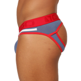 Red and blue athletic briefs with a white stripe and gigo logo waistband designed for active wear