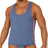 Gigo Garoto blue athletic tank top with red and white striped side panels perfect for sports and workouts