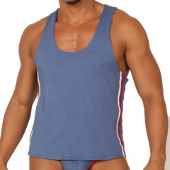 Gigo Garoto blue athletic tank top with red and white striped side panels perfect for sports and workouts