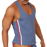 Gigo Garoto blue athletic tank top with red and white vertical stripes along the side for sports and workouts