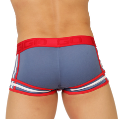 Blue athletic briefs with red and white striped trim and a bold red waistband embossed with gigo garoto brand name