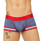 Blue and red striped boxer briefs with a bold red waistband featuring gigi branding from gigo garoto blue trunk collection