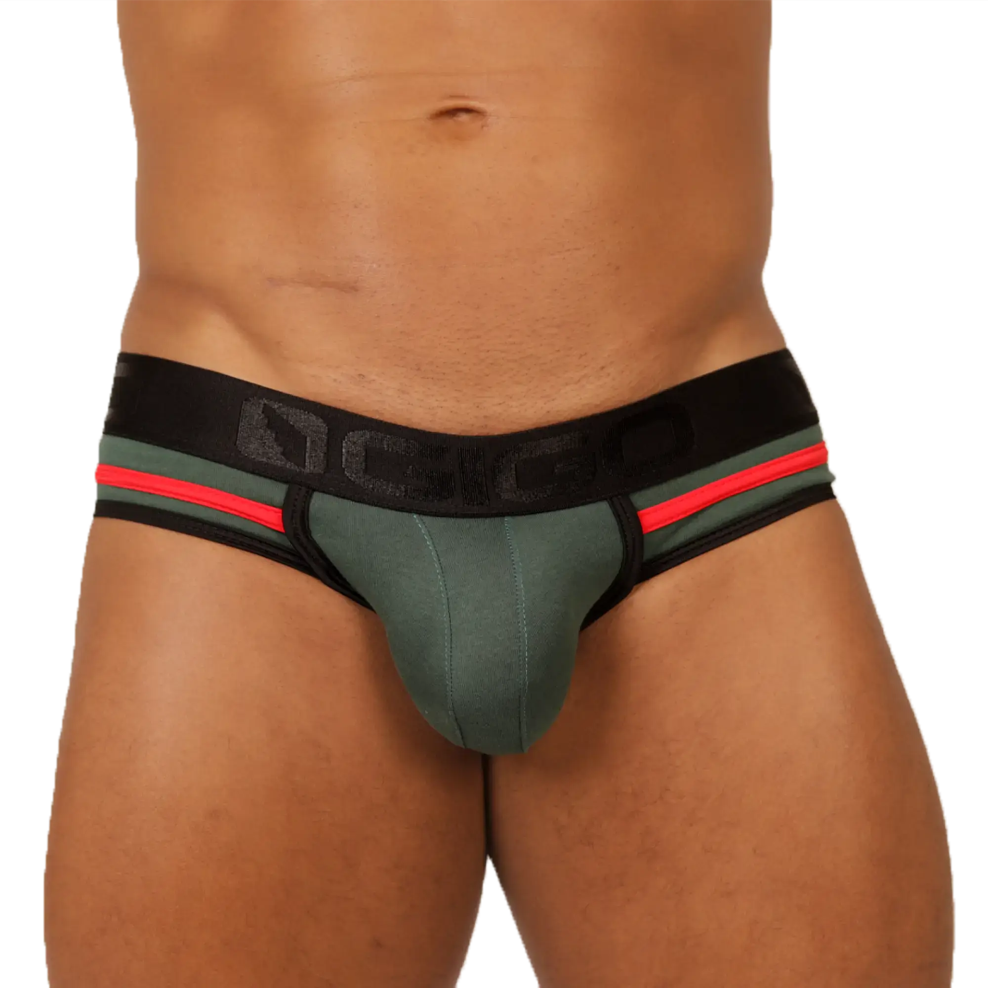 Olive green and black gigo garoto green brief athletic briefs with red accent stripes for active wear