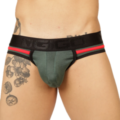 Green form-fitting brief jock with black and red striped waistband and gigo branding by gigo garoto