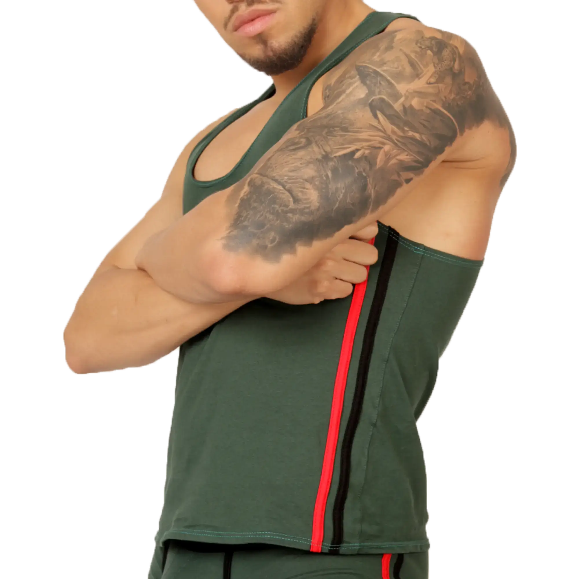 Gigo Garoto green tank athletic tank top with dark green fabric and bold red and black vertical side stripes