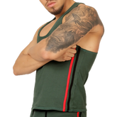 Gigo Garoto green tank athletic tank top with dark green fabric and bold red and black vertical side stripes