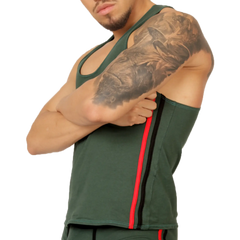 Gigo Garoto green tank athletic tank top with dark green fabric and bold red and black vertical side stripes