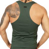 Dark green racerback tank top with a small black brand tag at the neckline from gigo garoto green tank collection