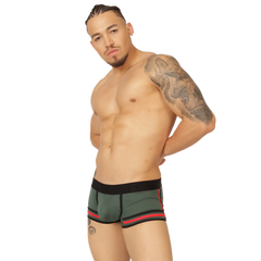 Dark green gigo garoto athletic briefs with black waistband and red trim accents for activewear use