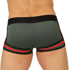 Dark green gigo garoto green trunk athletic briefs with bold red and black trim accents for active wear