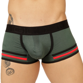 Dark green gigo garoto green trunk boxer briefs with black trim red leg stripes and elastic waistband branding
