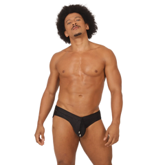 Black athletic swimbrief with central zipper closure designed for active wear in gigo glow style