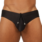 Black ribbed gigo glow swimbrief for men featuring drawstring closure with silver-toned aglets