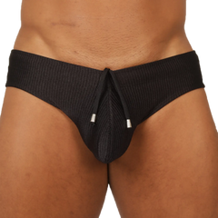 Black ribbed gigo glow swimbrief for men featuring drawstring closure with silver-toned aglets