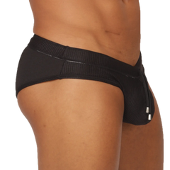 Gigo glow black swimbrief textured briefs with ribbed waistband and silver-toned metal accents on the side