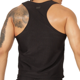 Black ribbed tank top with racerback design by gigo glow showing the back side for casual wear
