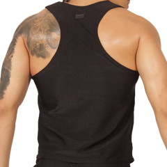 Black ribbed tank top with racerback design by gigo glow showing the back side for casual wear