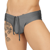 Gray ribbed swimbrief with drawstring waistband designed for comfortable beach and pool use