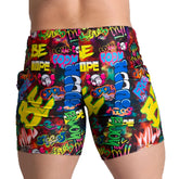 Vibrant gigo graffiti beachwear shorts with bold neon colors featuring street art typography and cartoon skulls