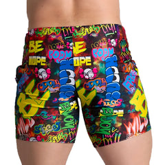 Vibrant gigo graffiti beachwear shorts with bold neon colors featuring street art typography and cartoon skulls