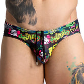 Vibrant graffiti-patterned gigo swim brief in black with neon yellow pink and green designs for summer wear
