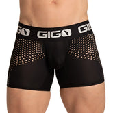 Gigo hybrid black trunk men’s boxer briefs with mesh panel design and white gigo logo on waistband