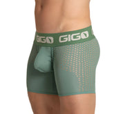 Green gigo brand men’s boxer briefs with mesh pattern and integrated pouch in green hibrid green trunk color