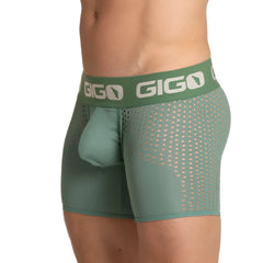 Green gigo brand men’s boxer briefs with mesh pattern and integrated pouch in green hibrid green trunk color
