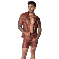 Brown short-sleeve button-down shirt in smooth faux leather with a classic collar and chest pocket.