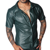 Dark green short-sleeve button-down shirt in a sleek, faux-leather material with a classic collar.