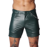 Dark green faux-leather shorts with a button closure, belt loops, and a decorative silver chain on the front pocket.