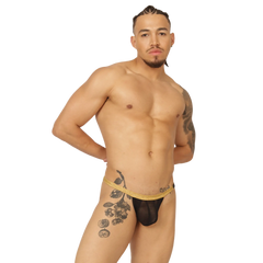 Black mesh briefs with a gold waistband from gigo hit black gstring featuring breathable material and stylish design