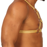 Gold glittery leather harness with silver metal rings for adjustable stylish fit in gigo hit gold harness design