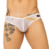 White mesh briefs with gold glitter stripe and black floral tattoo design on the leg gigo hit white brief