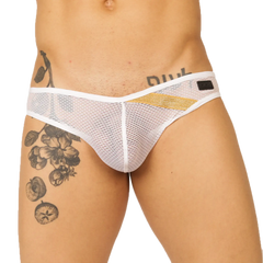 White mesh briefs with gold glitter stripe and black floral tattoo design on the leg gigo hit white brief