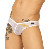 White mesh briefs with gold foil accent and black trim from Gigo Hit White Brief collection