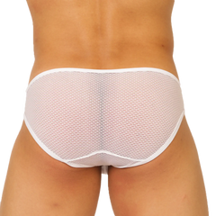 White briefs by Gigo Hit featuring a subtle repeating text pattern across soft white fabric for everyday comfort